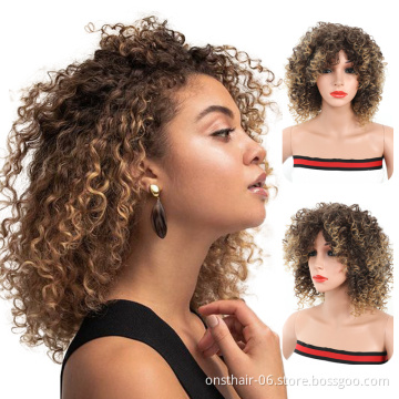 Headband Wig Afro American Wigs Blonde Synthetic Heat Resistant Wigs with Bangs for Black Mixed Short Kinky Curly Women Brown